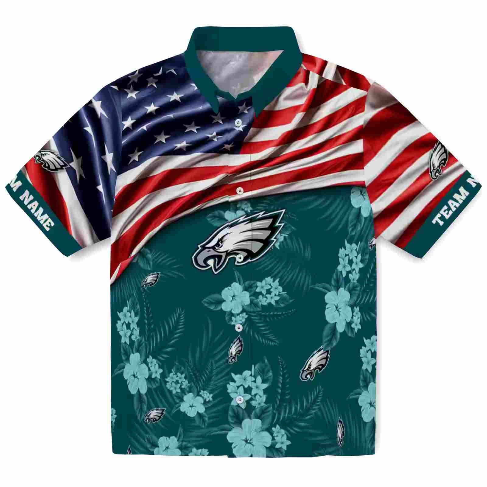 Customized Philadelphia Eagles US Flag Hibiscus Green Hawaiian Shirt