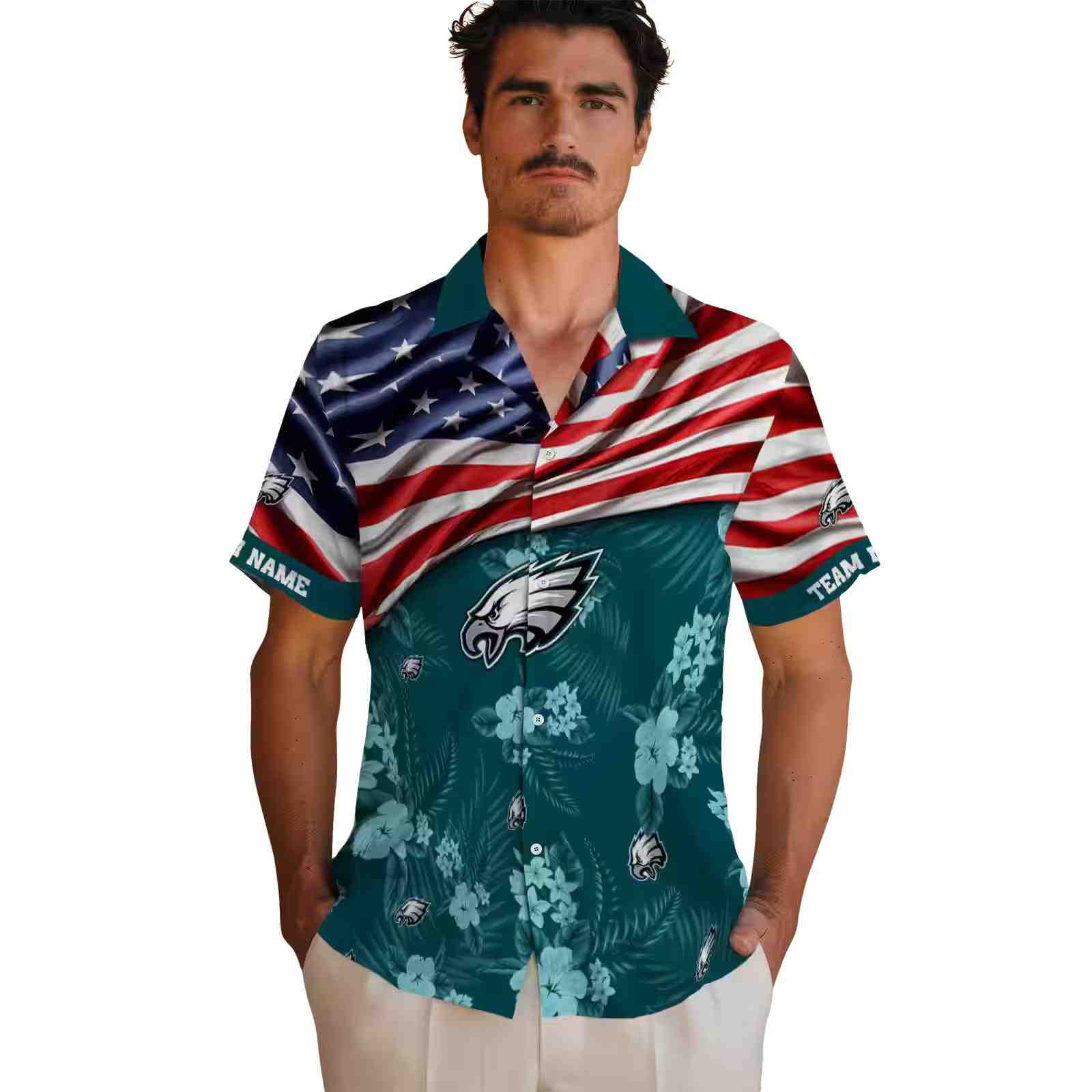 customized philadelphia eagles us flag hibiscus green hawaiian shirt fashion forward