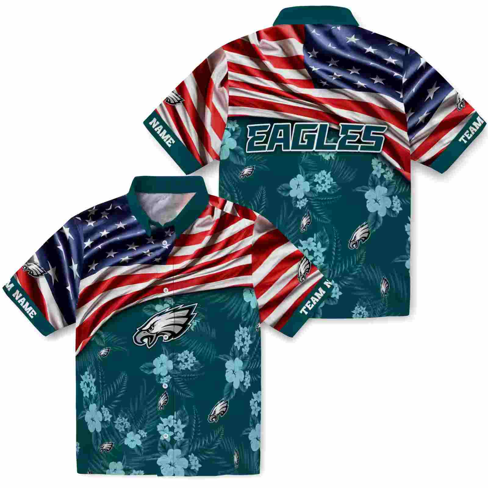 customized philadelphia eagles us flag hibiscus green hawaiian shirt high quality