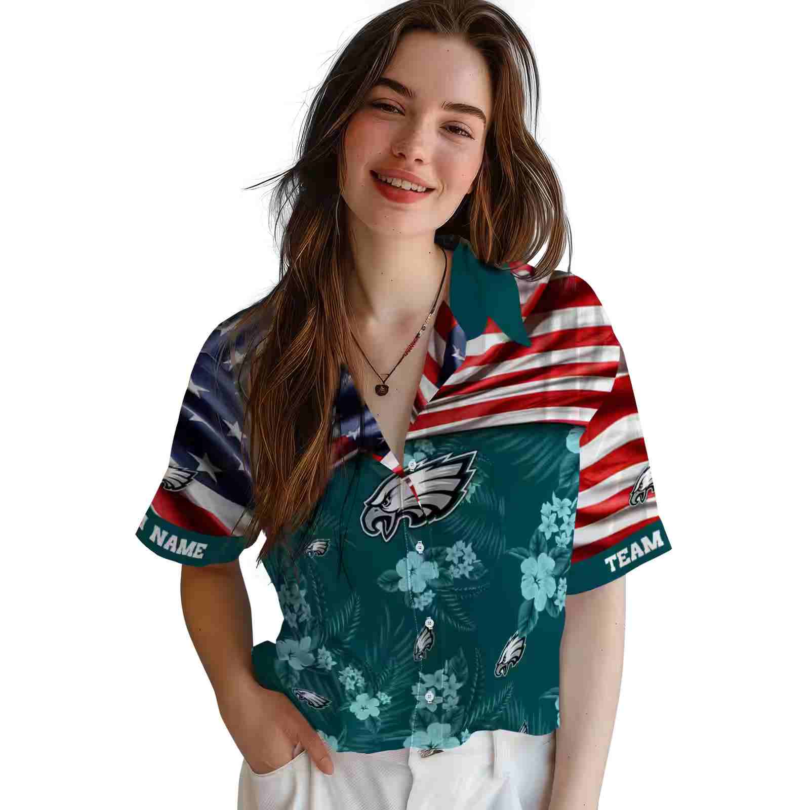 customized philadelphia eagles us flag hibiscus green hawaiian shirt latest model