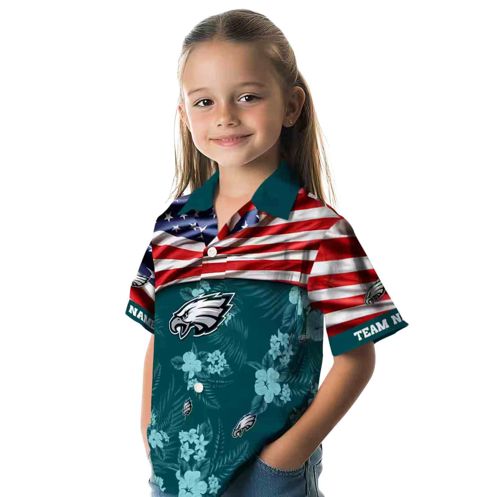 customized philadelphia eagles us flag hibiscus green hawaiian shirt premium grade