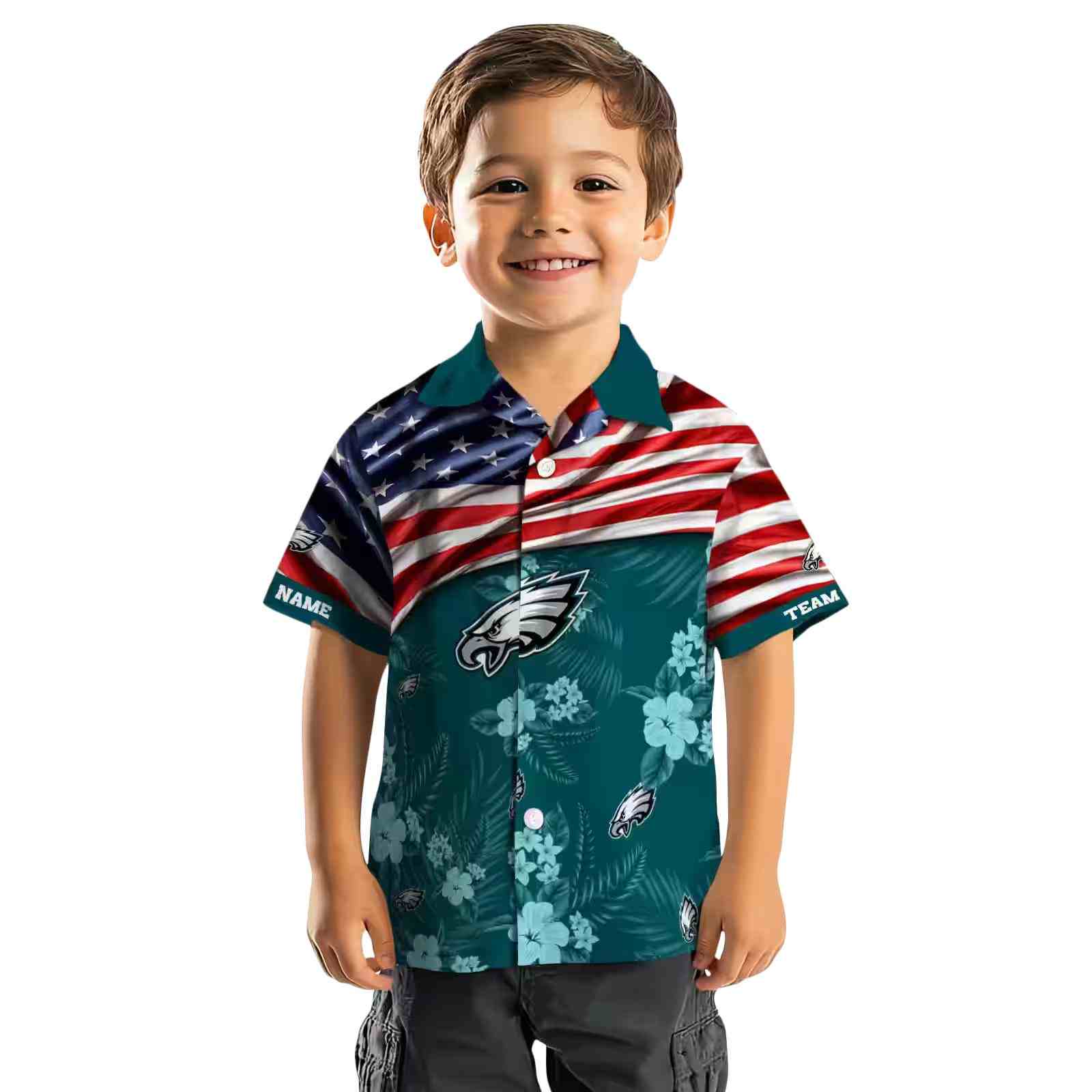 customized philadelphia eagles us flag hibiscus green hawaiian shirt top rated