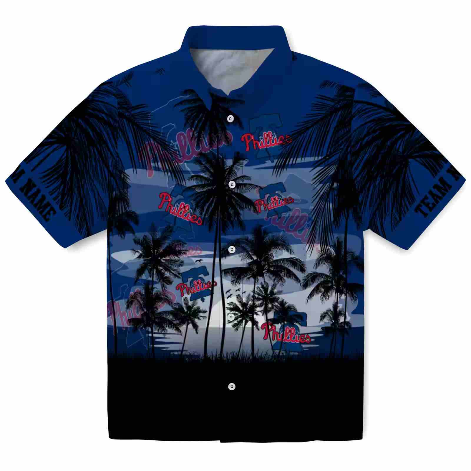 Customized Philadelphia Phillies Sunset Scene Blue Black Hawaiian Shirt