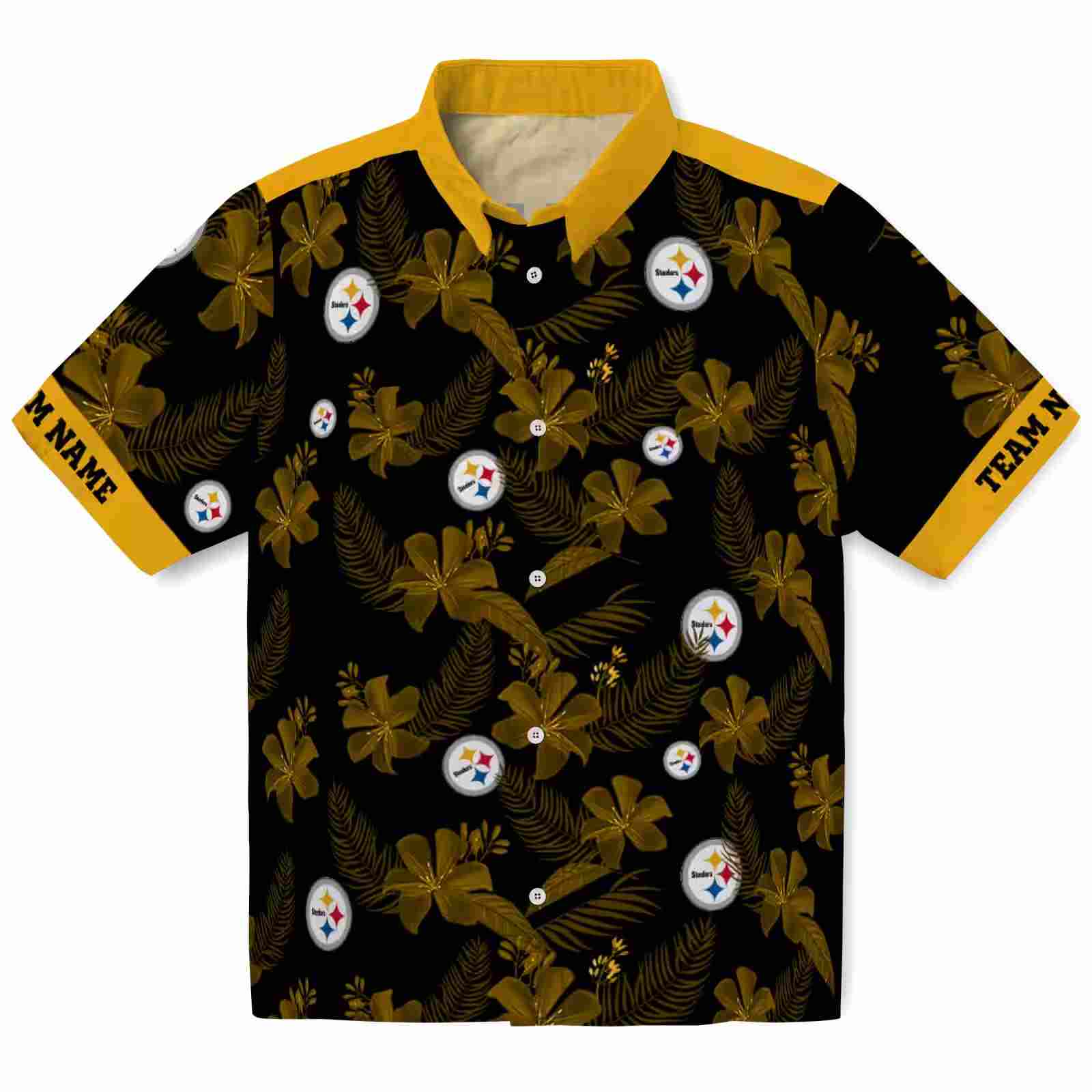 Customized Pittsburgh Steelers Botanical Print Black Hawaiian Shirt