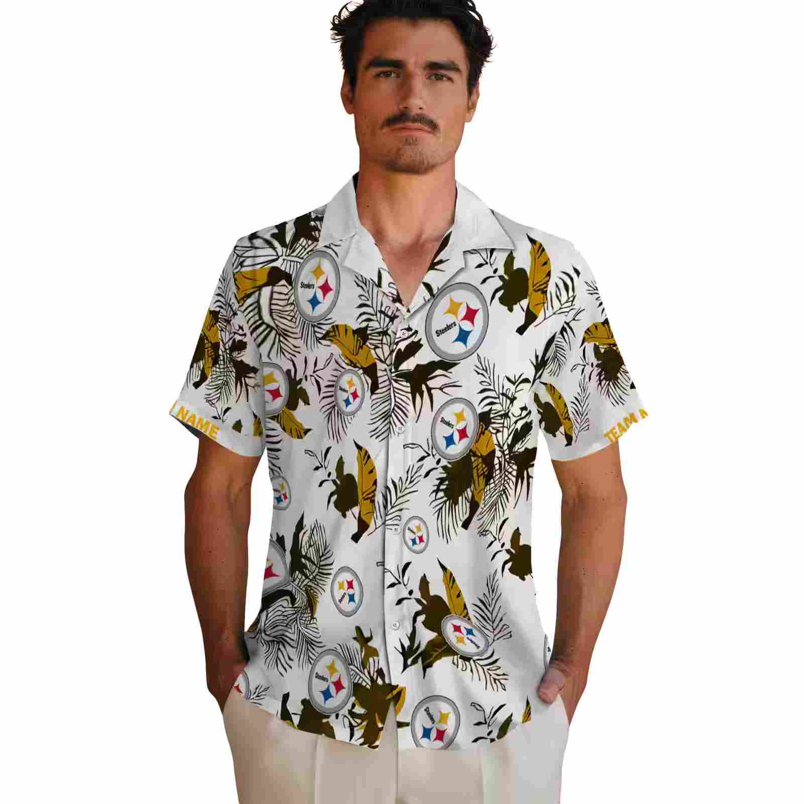 customized pittsburgh steelers botanical theme gold white hawaiian shirt fashion forward