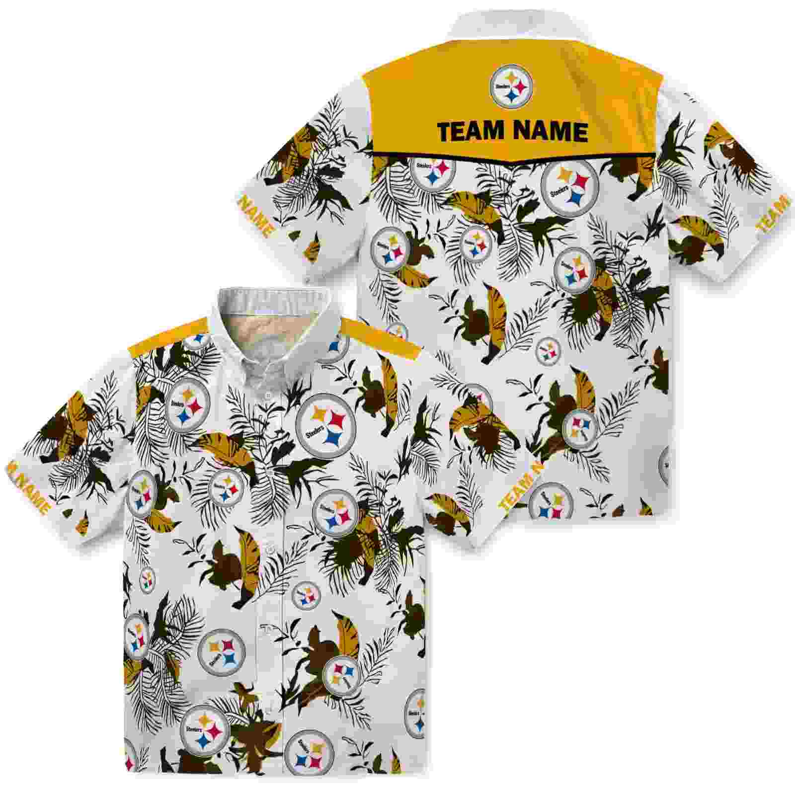 customized pittsburgh steelers botanical theme gold white hawaiian shirt high quality