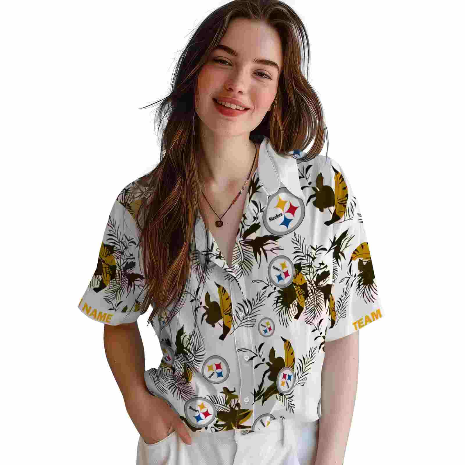 customized pittsburgh steelers botanical theme gold white hawaiian shirt latest model