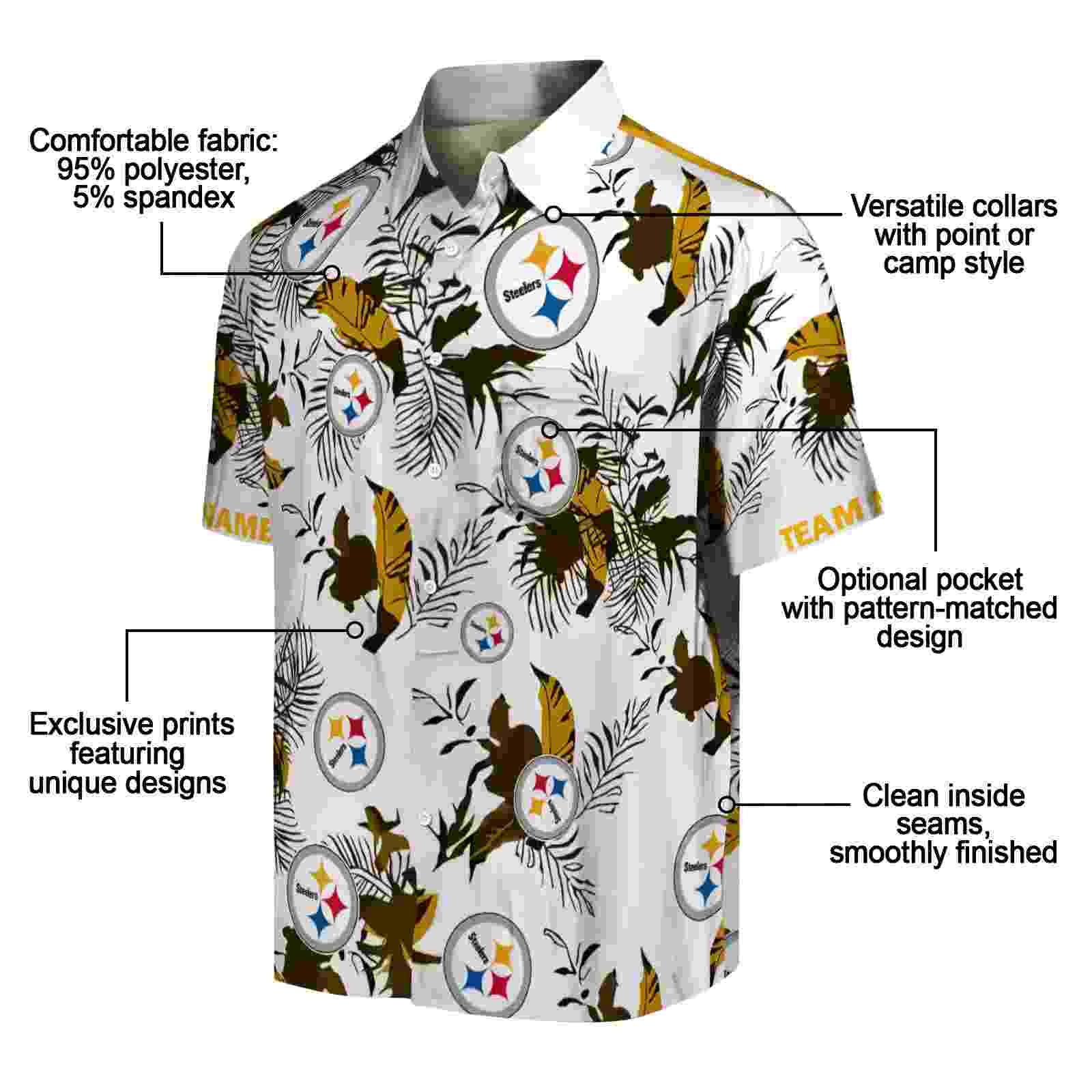 customized pittsburgh steelers botanical theme gold white hawaiian shirt new arrival