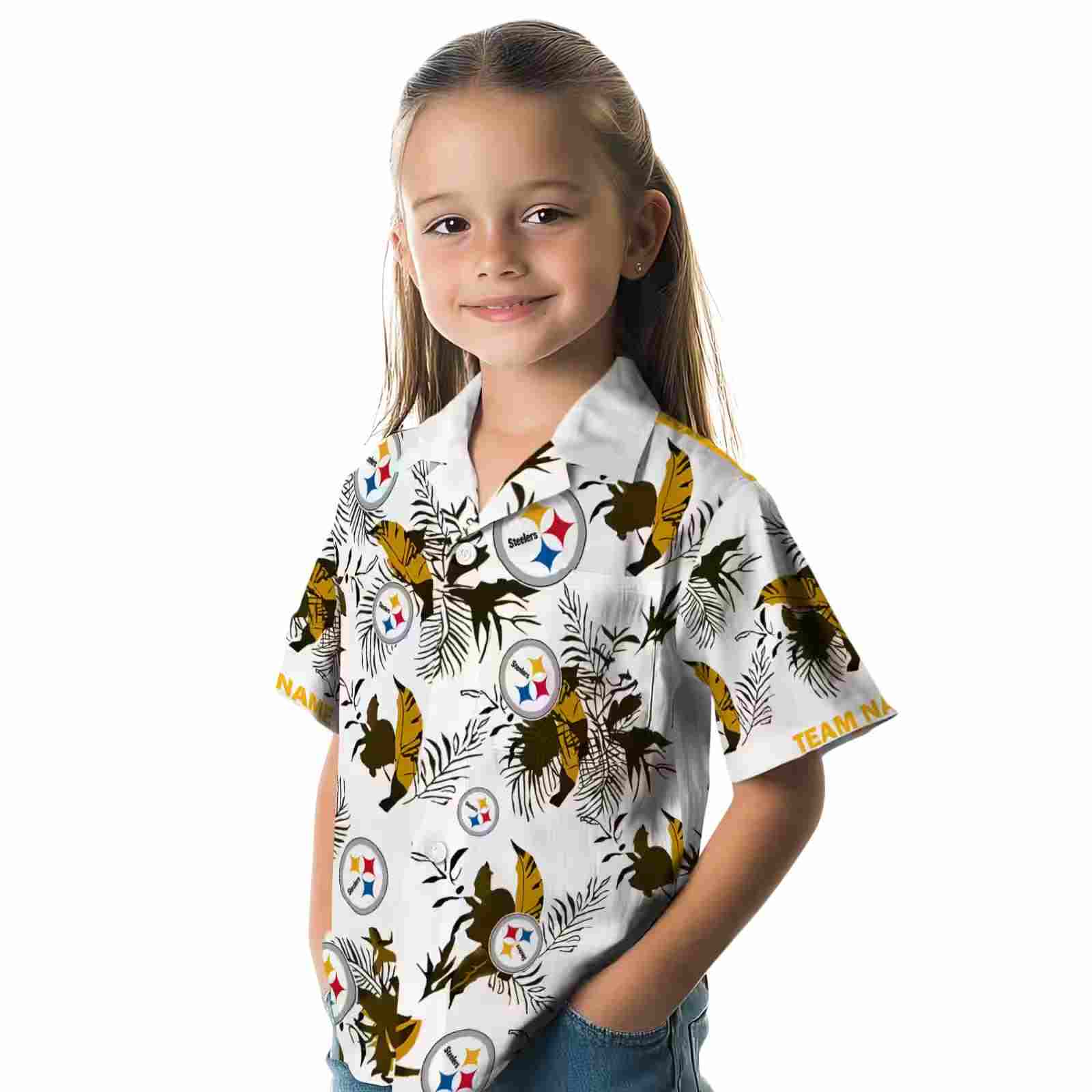 customized pittsburgh steelers botanical theme gold white hawaiian shirt premium grade