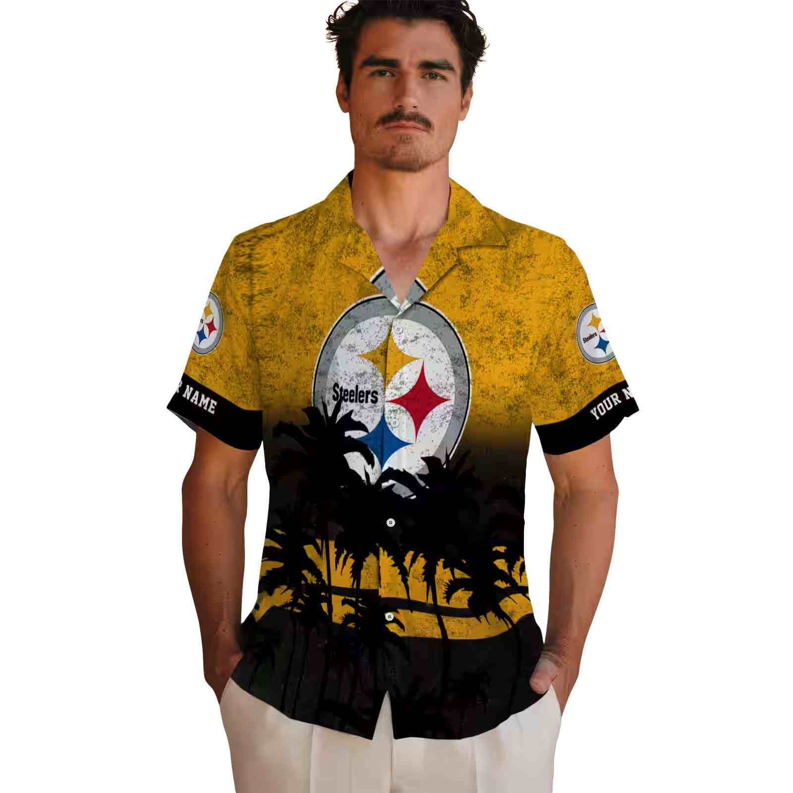 customized pittsburgh steelers sunset pattern gold black hawaiian shirt fashion forward