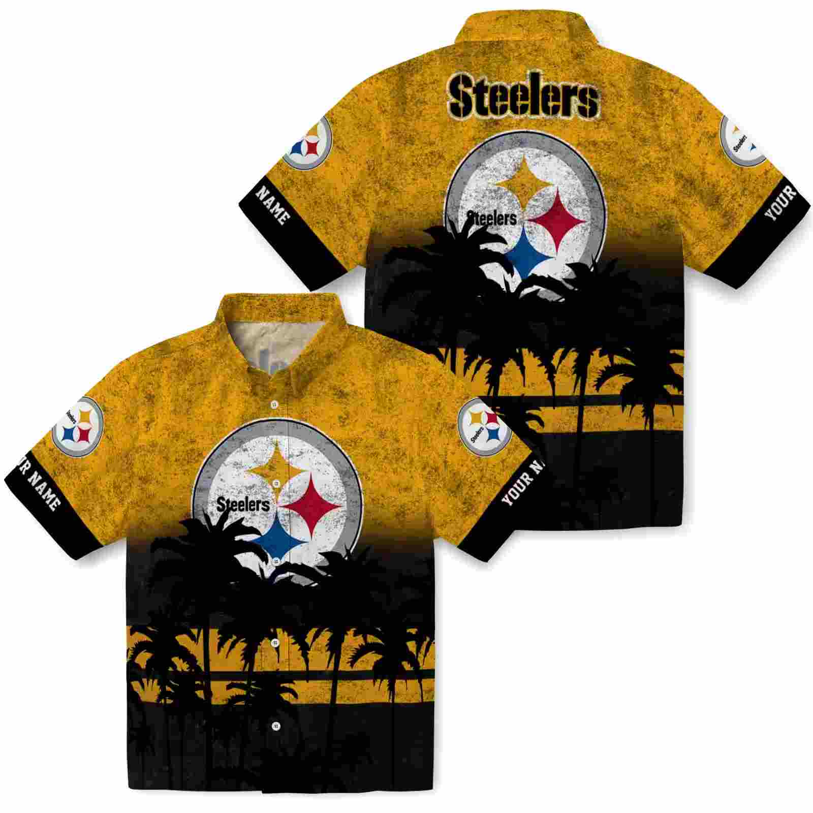 customized pittsburgh steelers sunset pattern gold black hawaiian shirt high quality