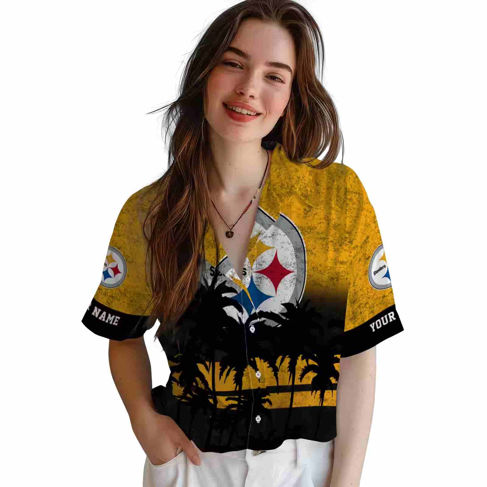 customized pittsburgh steelers sunset pattern gold black hawaiian shirt latest model