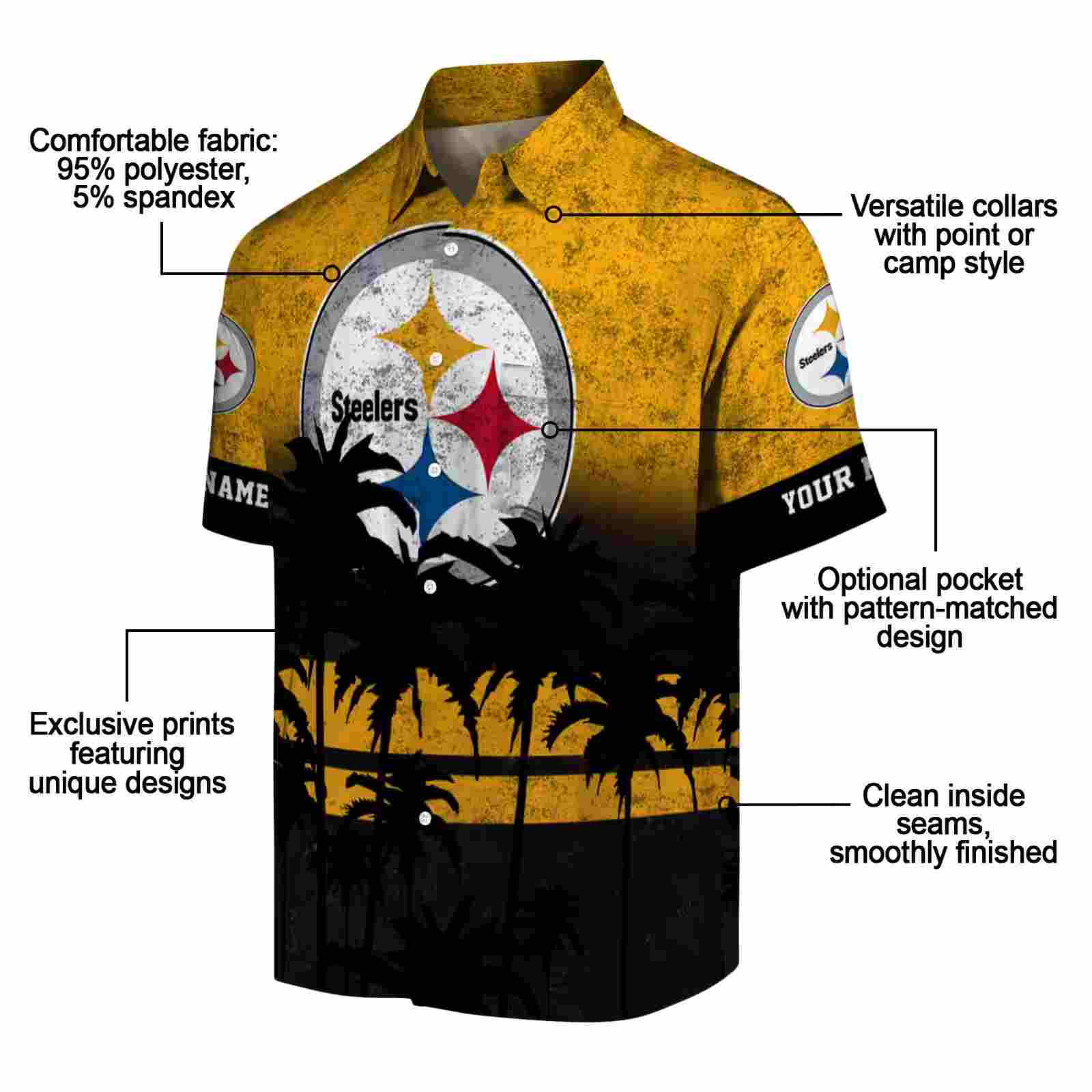 customized pittsburgh steelers sunset pattern gold black hawaiian shirt new arrival