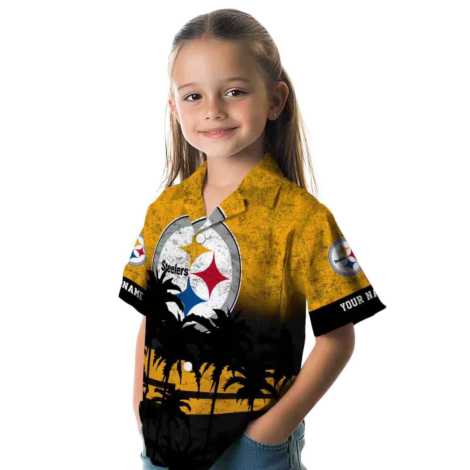 customized pittsburgh steelers sunset pattern gold black hawaiian shirt premium grade