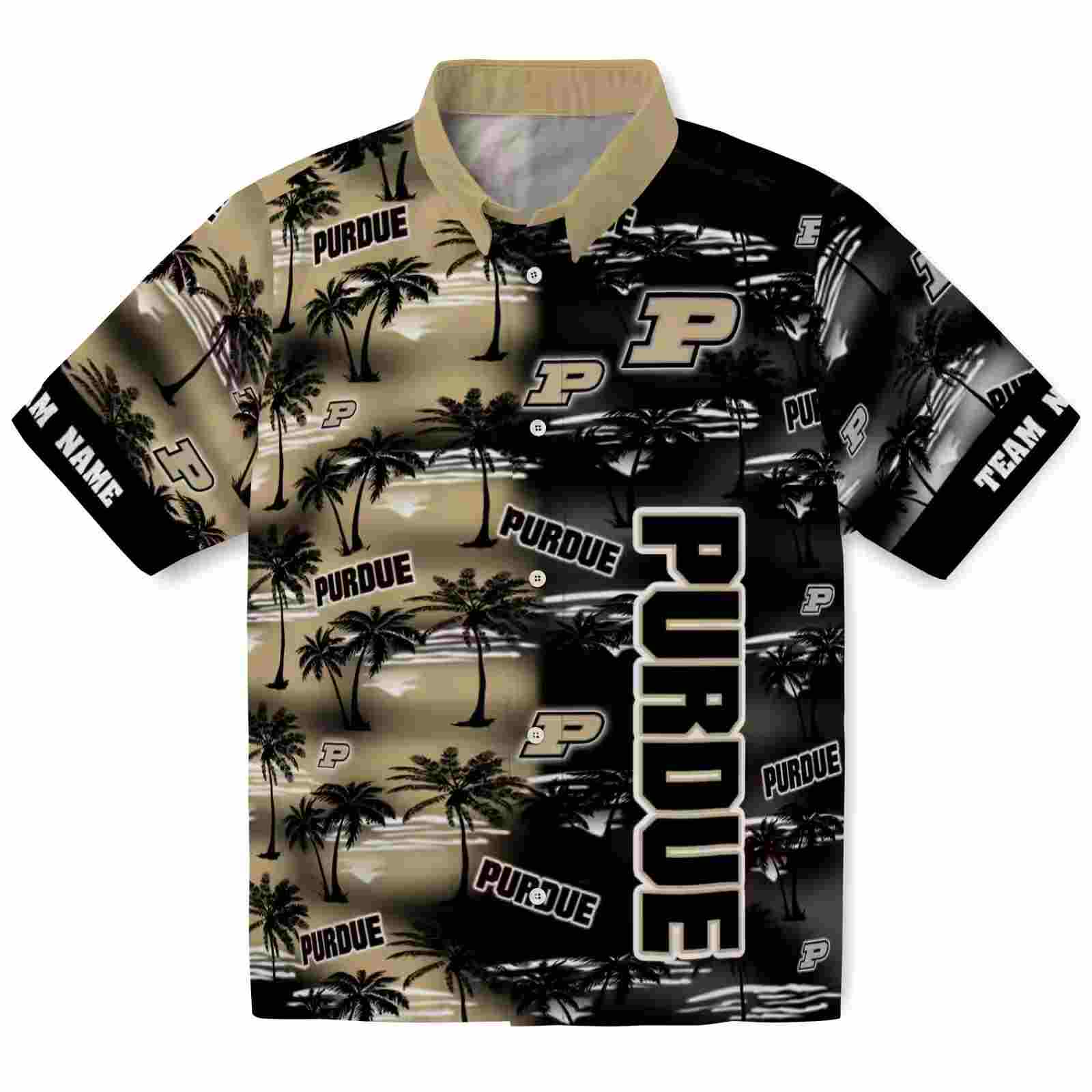 Customized Purdue Boilermakers Palm Silhouettes Gold Hawaiian Shirt