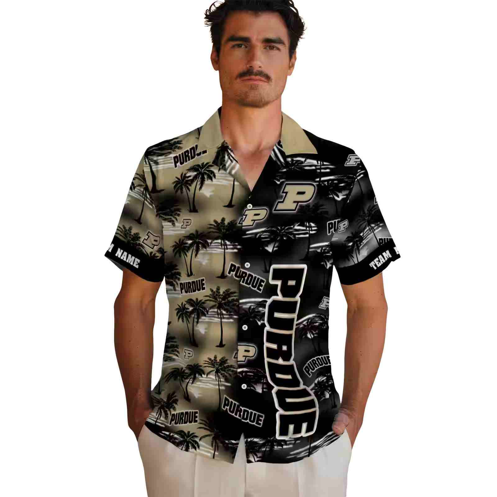 customized purdue boilermakers palm silhouettes gold hawaiian shirt fashion forward