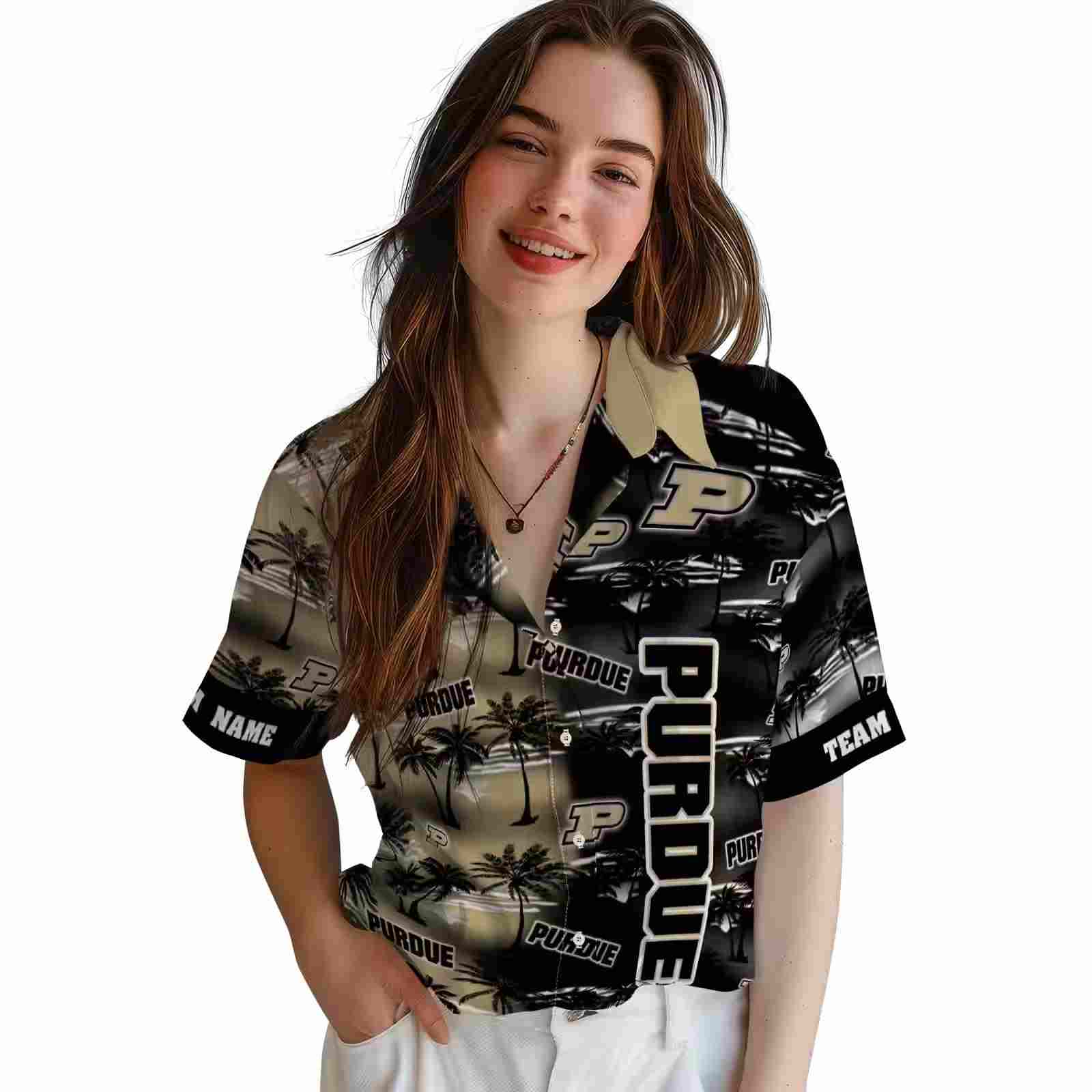 customized purdue boilermakers palm silhouettes gold hawaiian shirt latest model