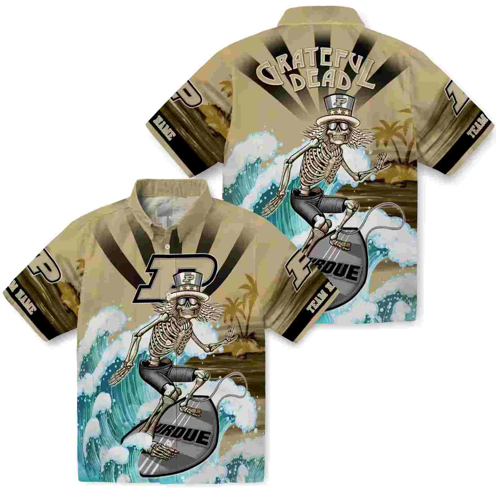 customized purdue boilermakers surfing skeleton gold blue hawaiian shirt high quality