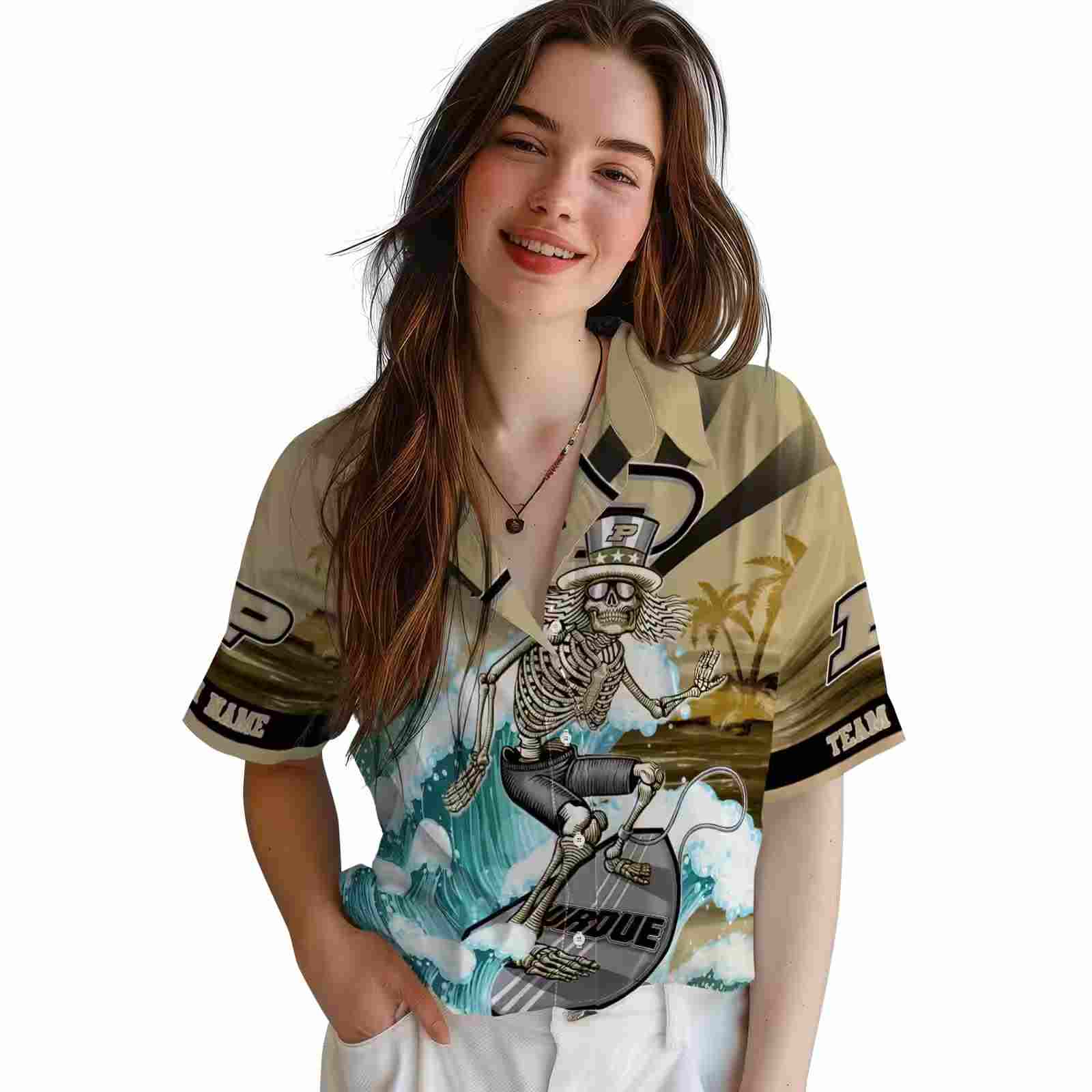 customized purdue boilermakers surfing skeleton gold blue hawaiian shirt latest model