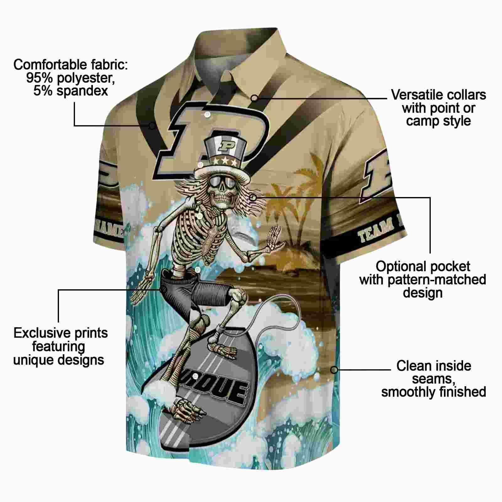 customized purdue boilermakers surfing skeleton gold blue hawaiian shirt new arrival