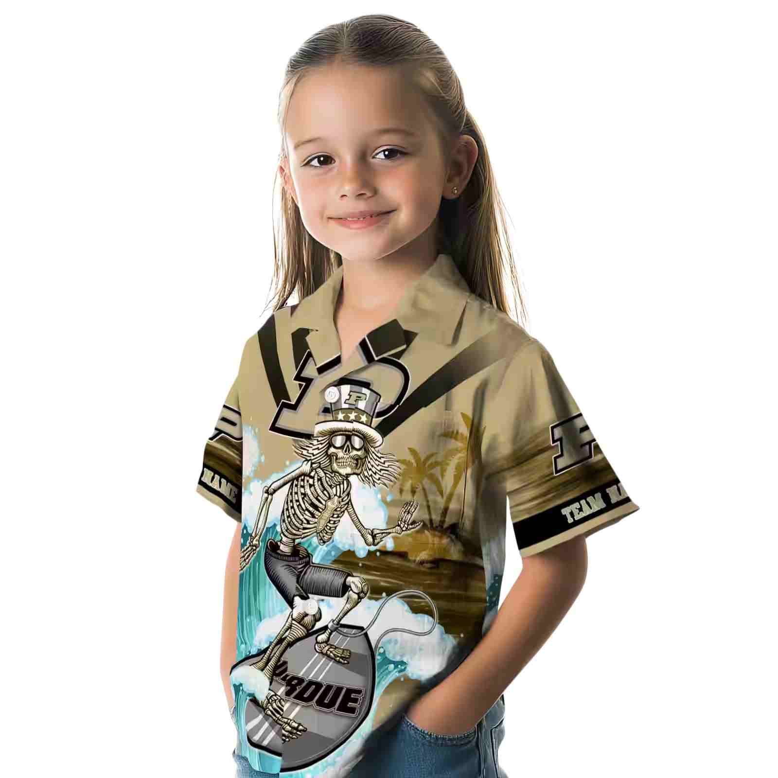 customized purdue boilermakers surfing skeleton gold blue hawaiian shirt premium grade