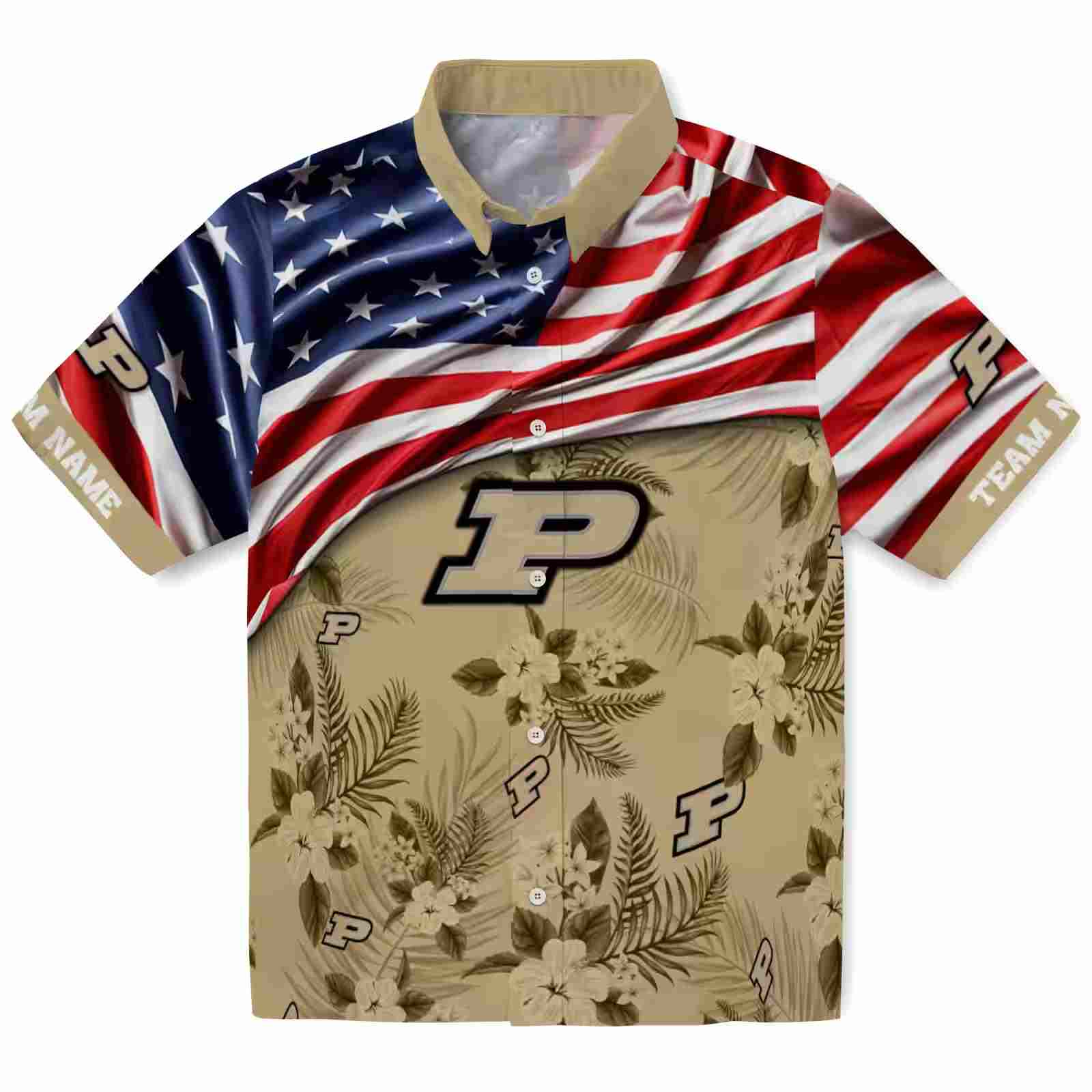 Customized Purdue Boilermakers US Flag Hibiscus Gold Hawaiian Shirt