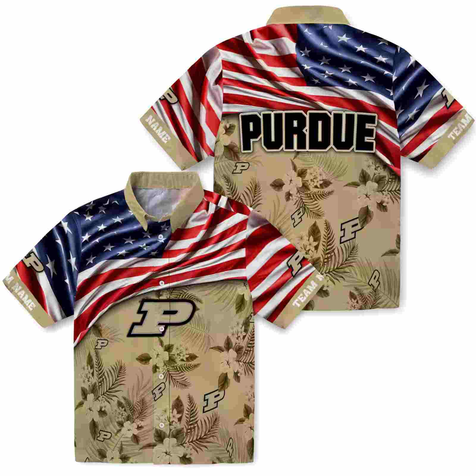 customized purdue boilermakers us flag hibiscus gold hawaiian shirt high quality