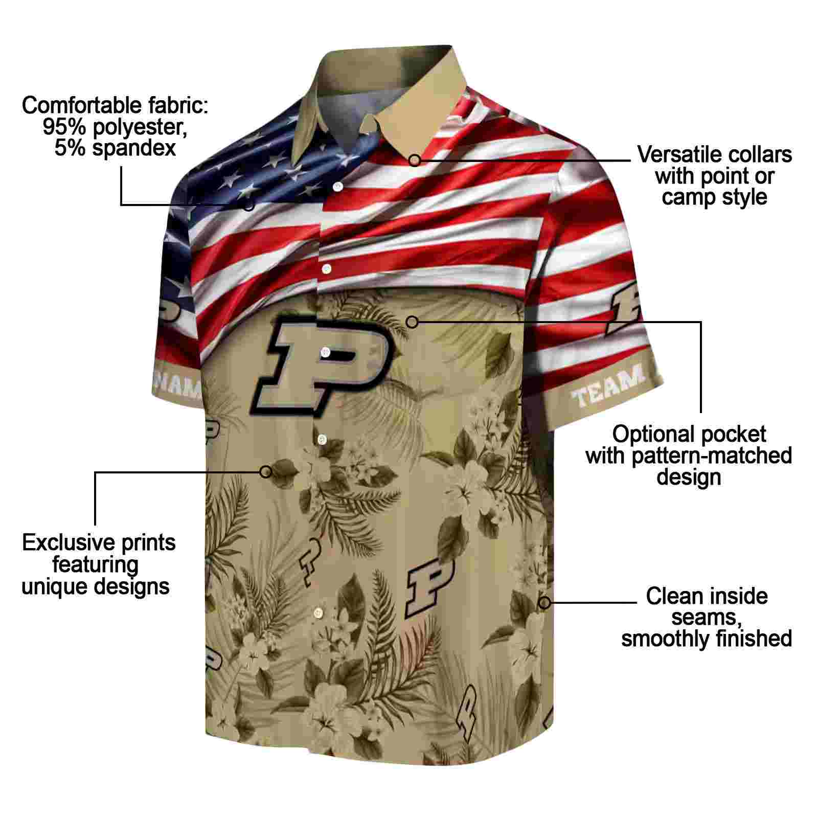 customized purdue boilermakers us flag hibiscus gold hawaiian shirt new arrival