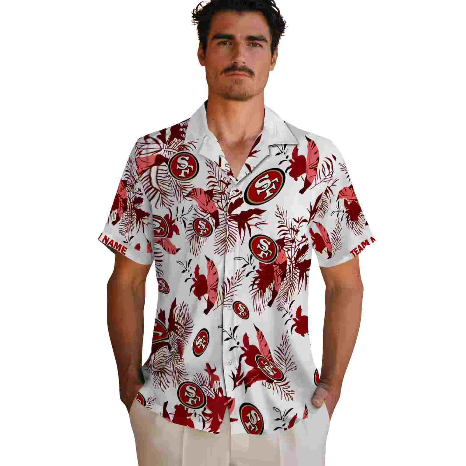 customized san francisco 49ers botanical theme red white hawaiian shirt fashion forward