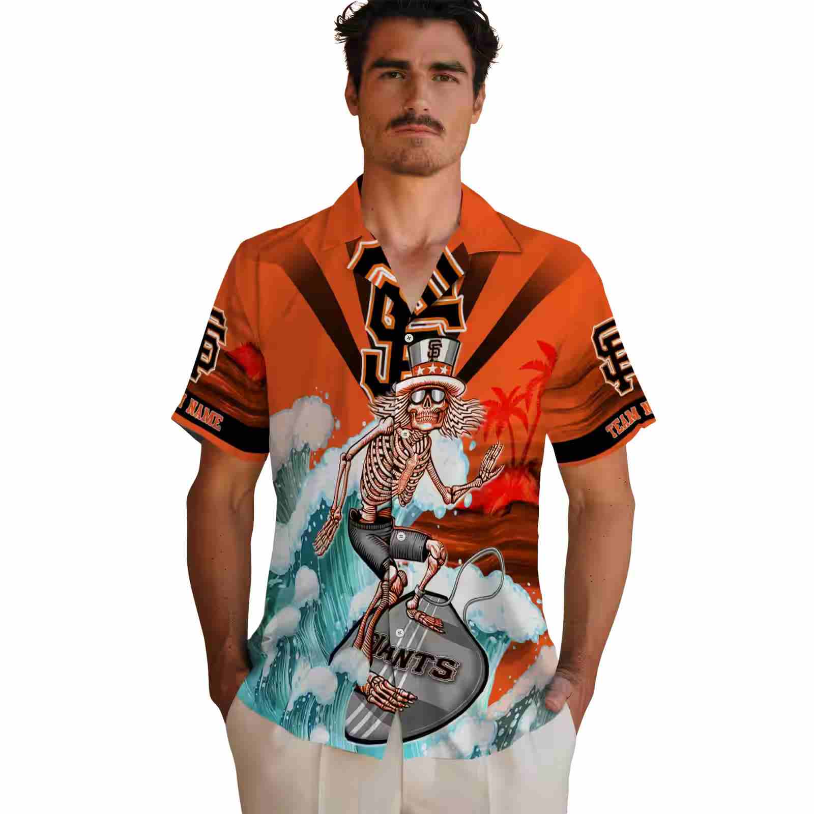 customized san francisco giants surfing skeleton orange blue hawaiian shirt fashion forward