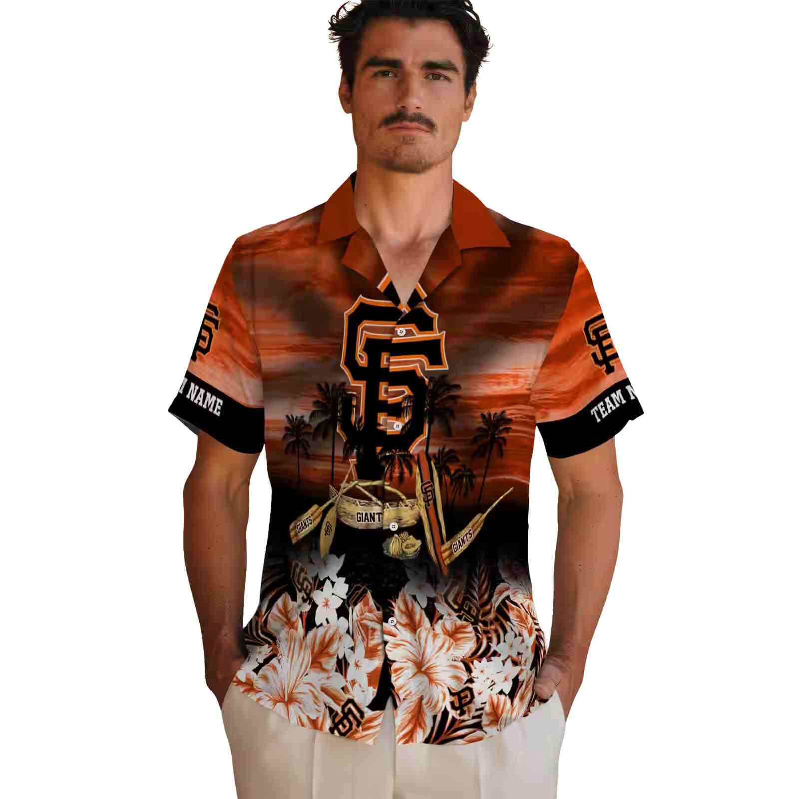 customized san francisco giants tropical canoe orange hawaiian shirt fashion forward