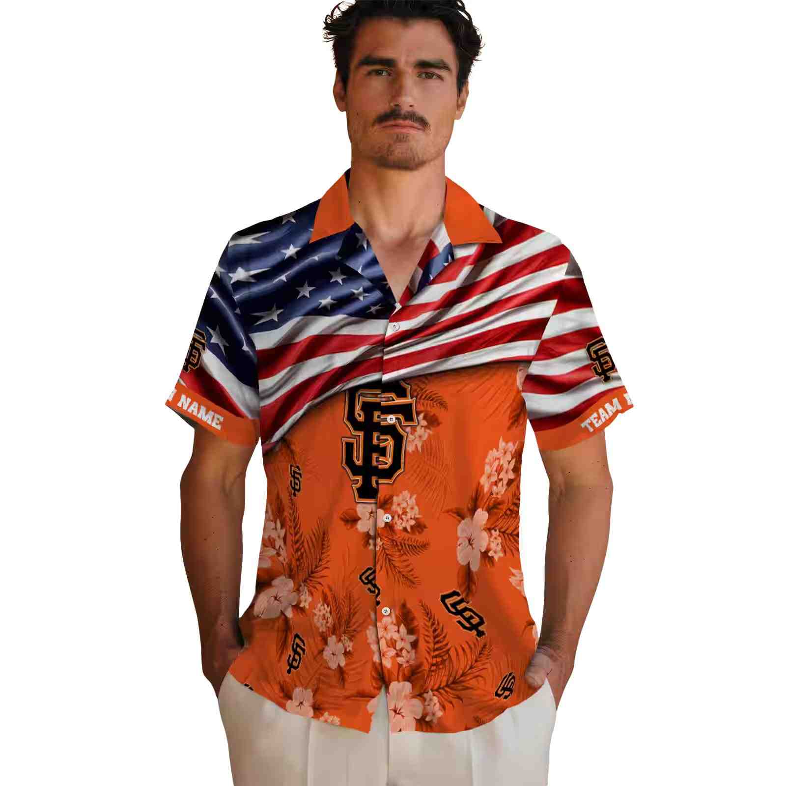 customized san francisco giants us flag hibiscus orange hawaiian shirt fashion forward