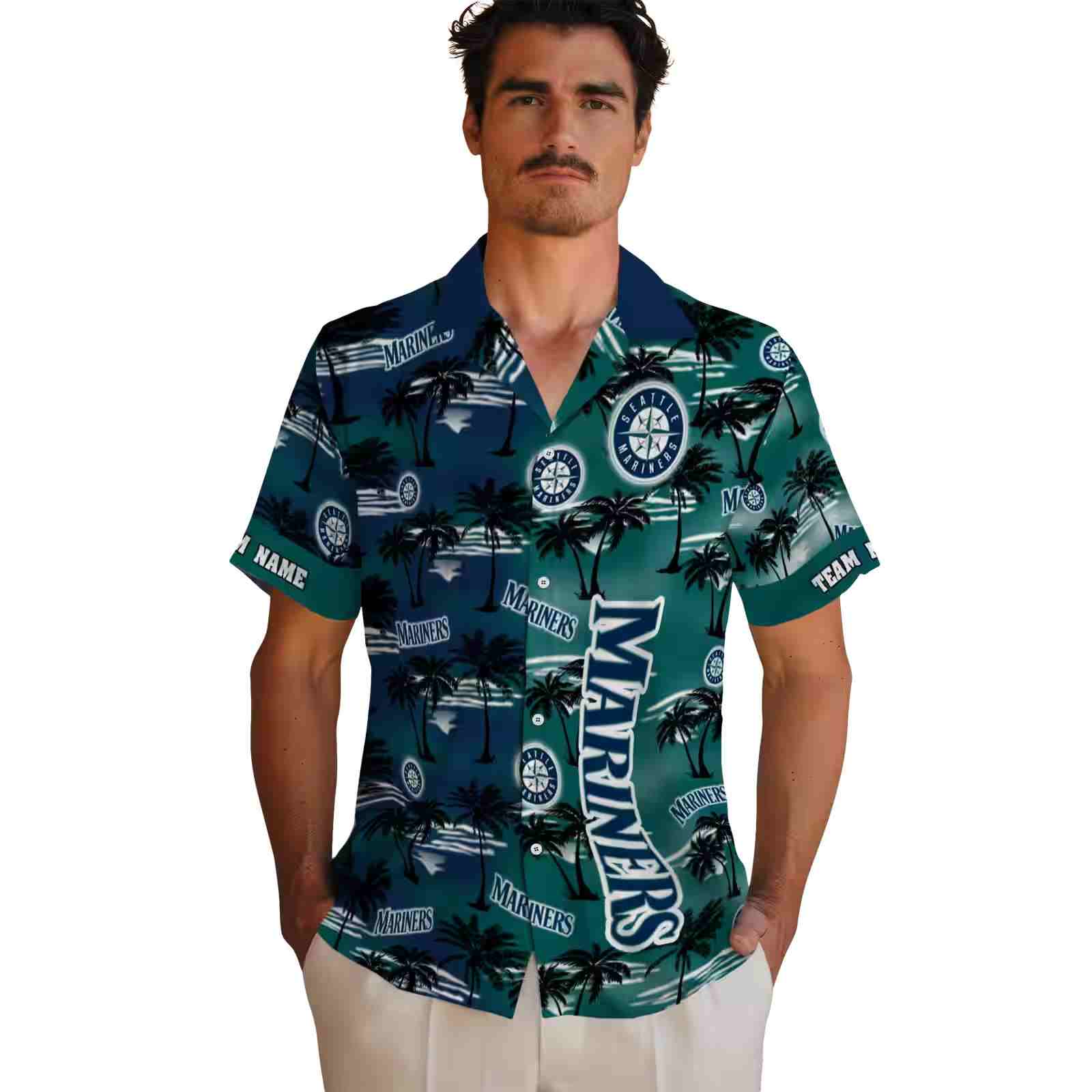 customized seattle mariners palm silhouettes navy blue hawaiian shirt fashion forward