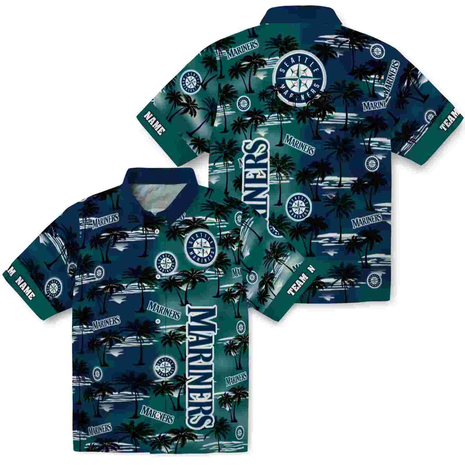 customized seattle mariners palm silhouettes navy blue hawaiian shirt high quality