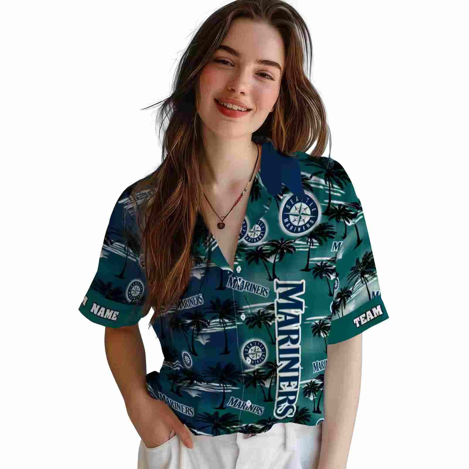 customized seattle mariners palm silhouettes navy blue hawaiian shirt latest model