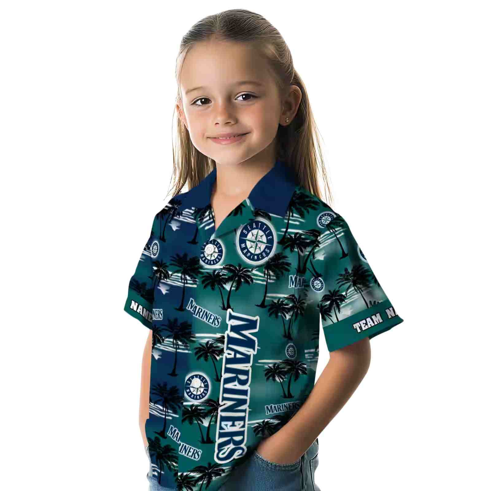 customized seattle mariners palm silhouettes navy blue hawaiian shirt premium grade