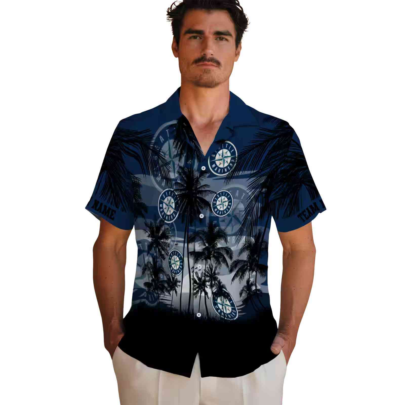 customized seattle mariners sunset scene navy blue black hawaiian shirt fashion forward