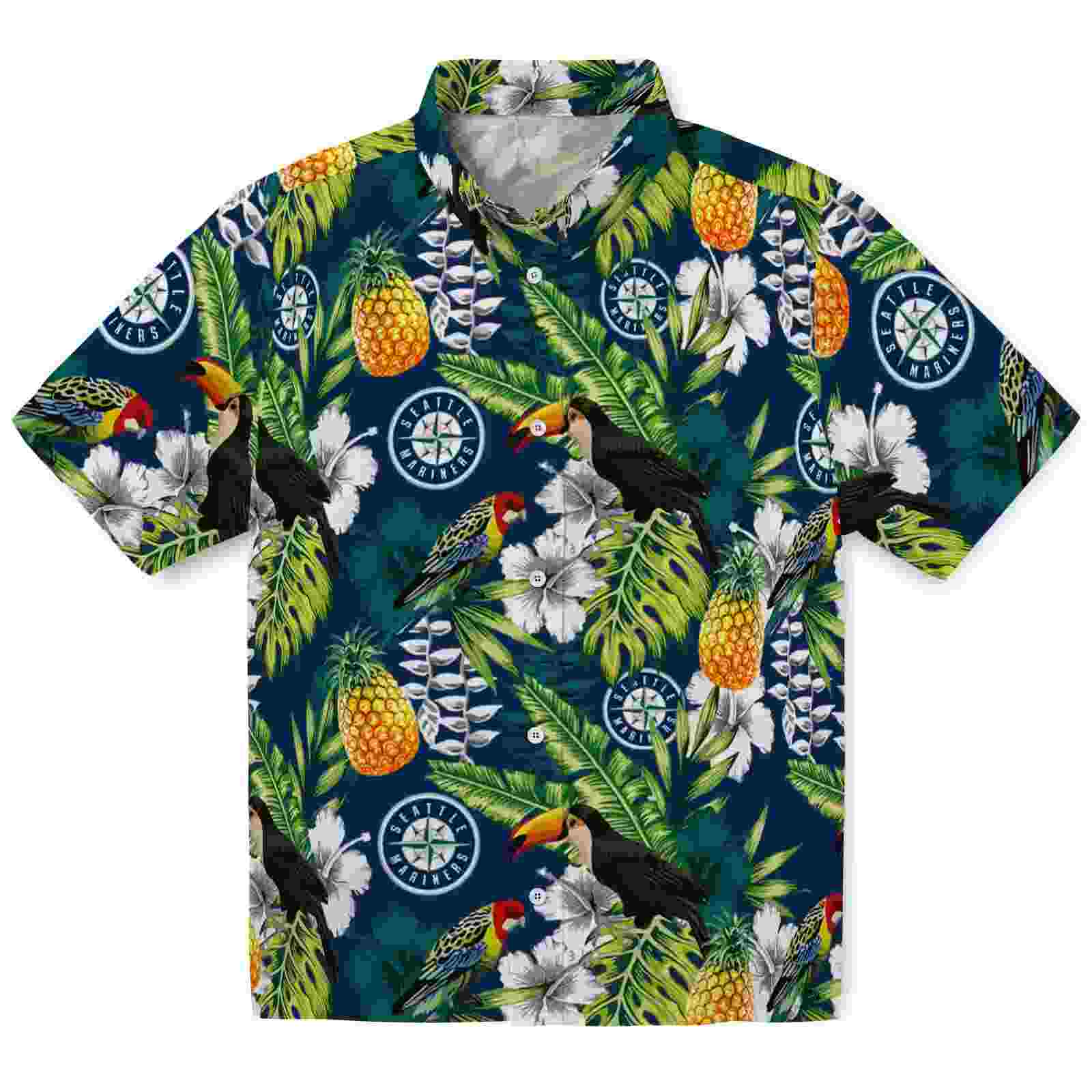 Customized Seattle Mariners Tropical Toucan Navy Blue Green Hawaiian Shirt