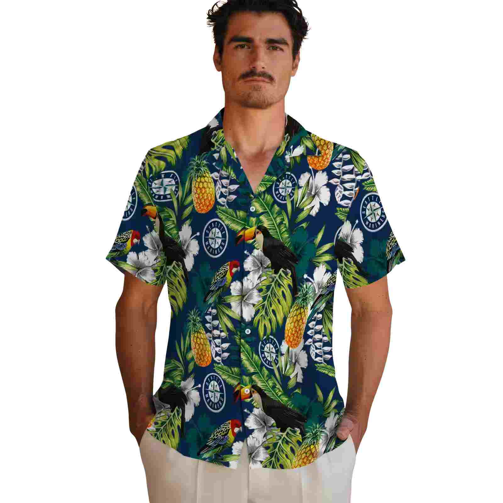 customized seattle mariners tropical toucan navy blue green hawaiian shirt fashion forward