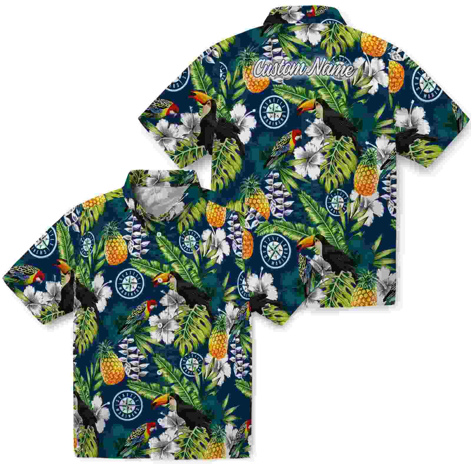 customized seattle mariners tropical toucan navy blue green hawaiian shirt high quality