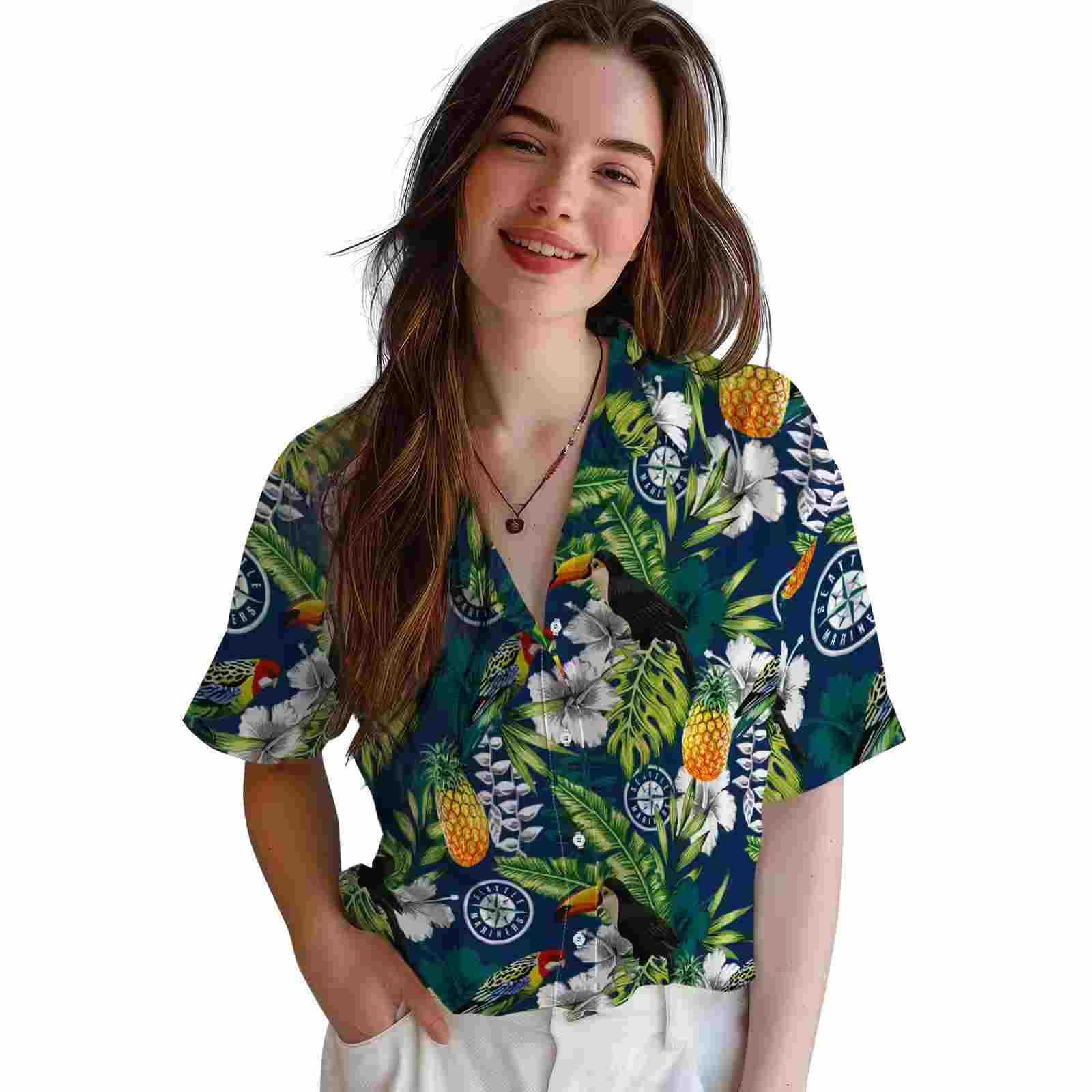 customized seattle mariners tropical toucan navy blue green hawaiian shirt latest model