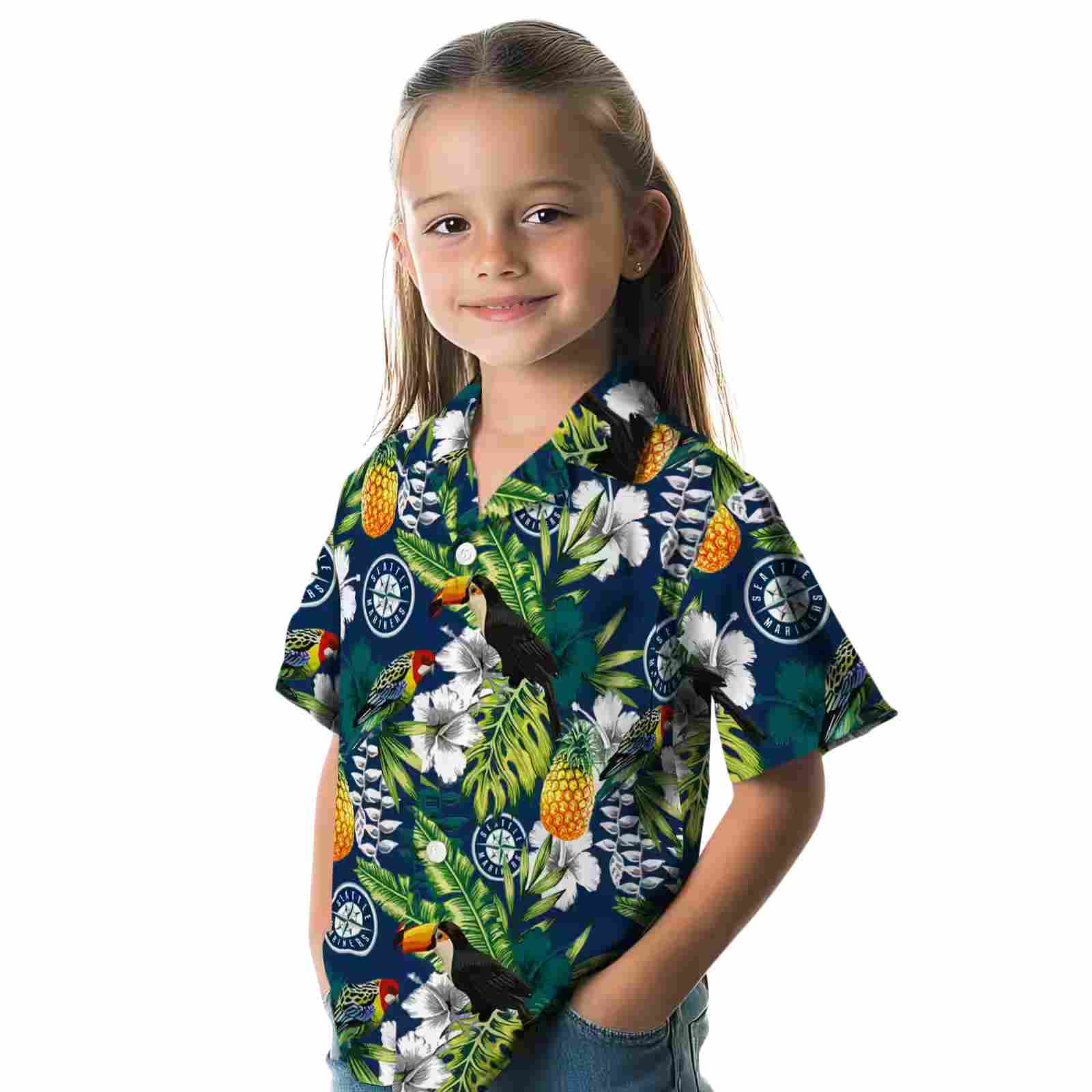 customized seattle mariners tropical toucan navy blue green hawaiian shirt premium grade