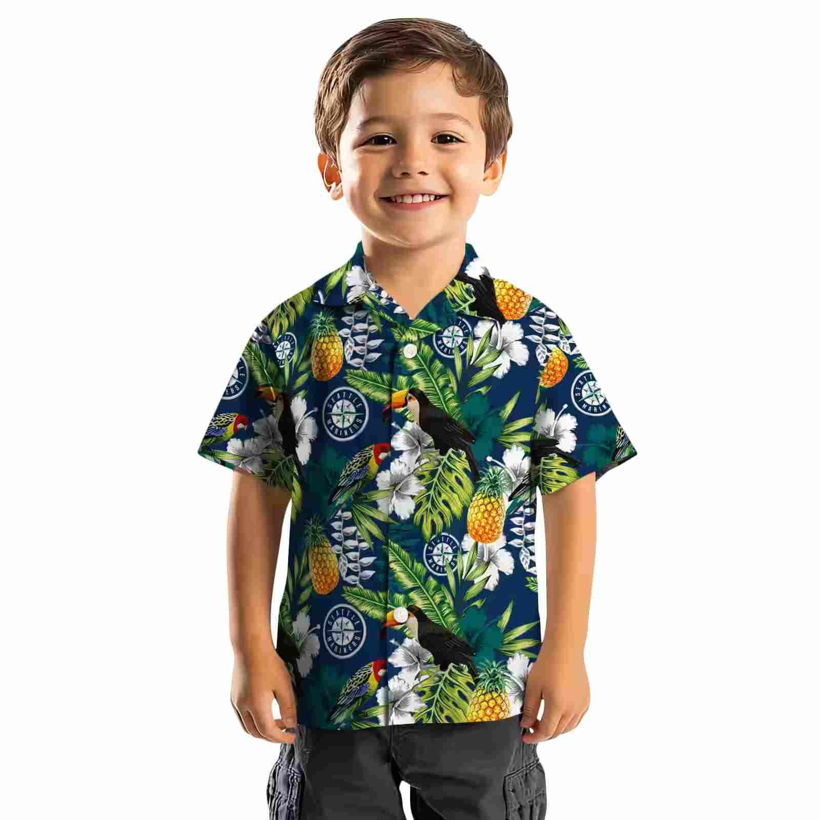 customized seattle mariners tropical toucan navy blue green hawaiian shirt top rated