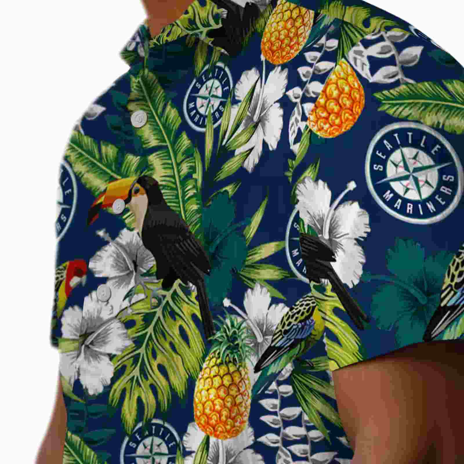 customized seattle mariners tropical toucan navy blue green hawaiian shirt trendy