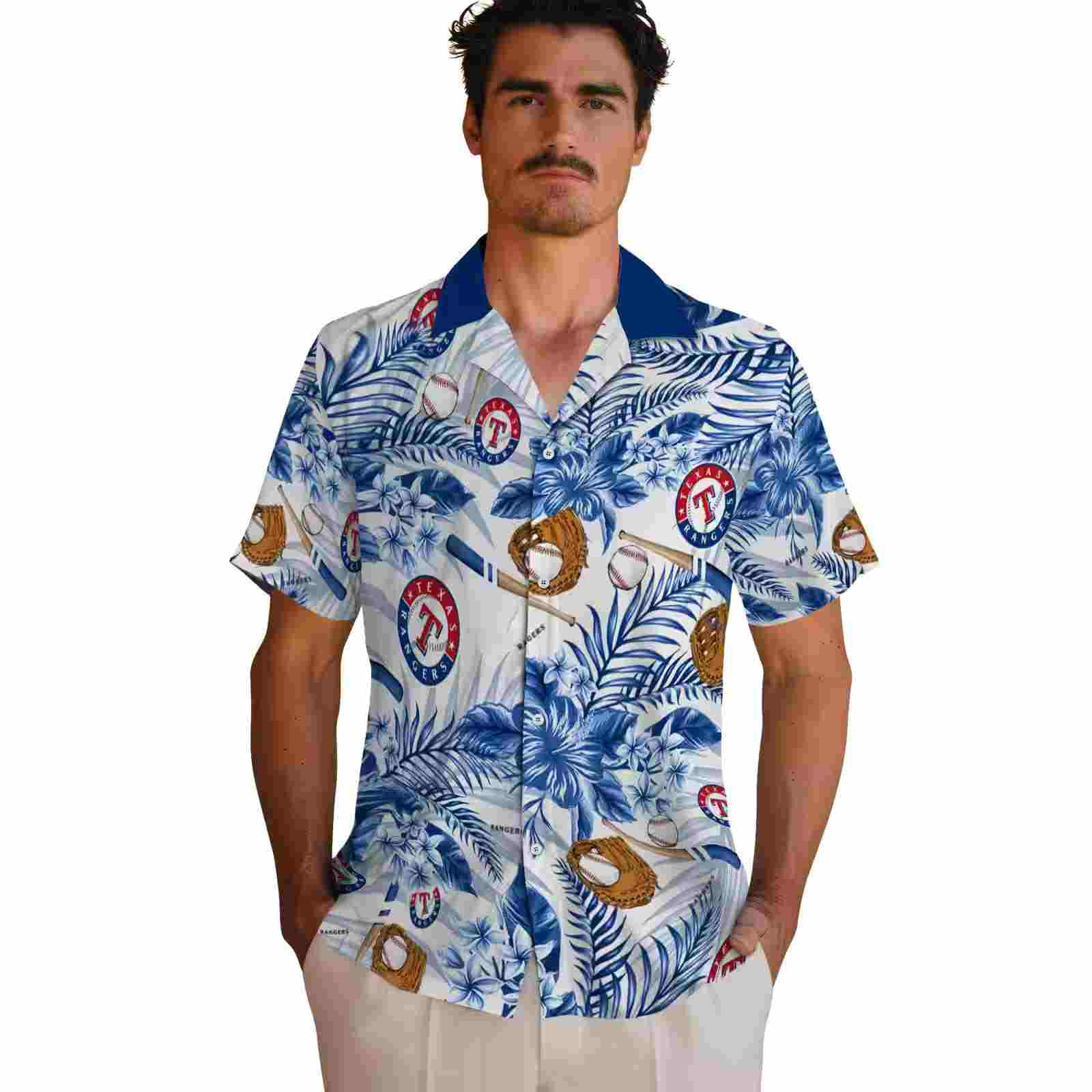 customized texas rangers floral baseball blue white hawaiian shirt fashion forward