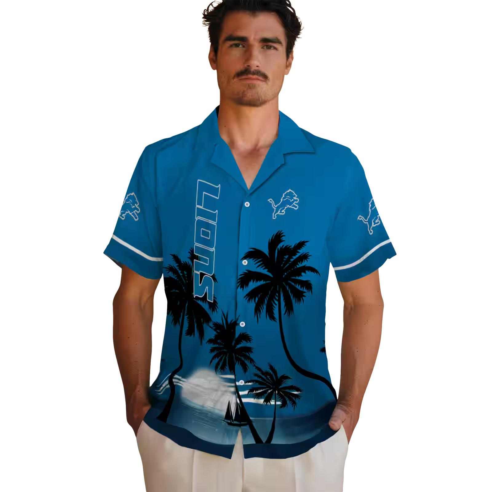 detroit lions beach sunset blue black hawaiian shirt fashion forward