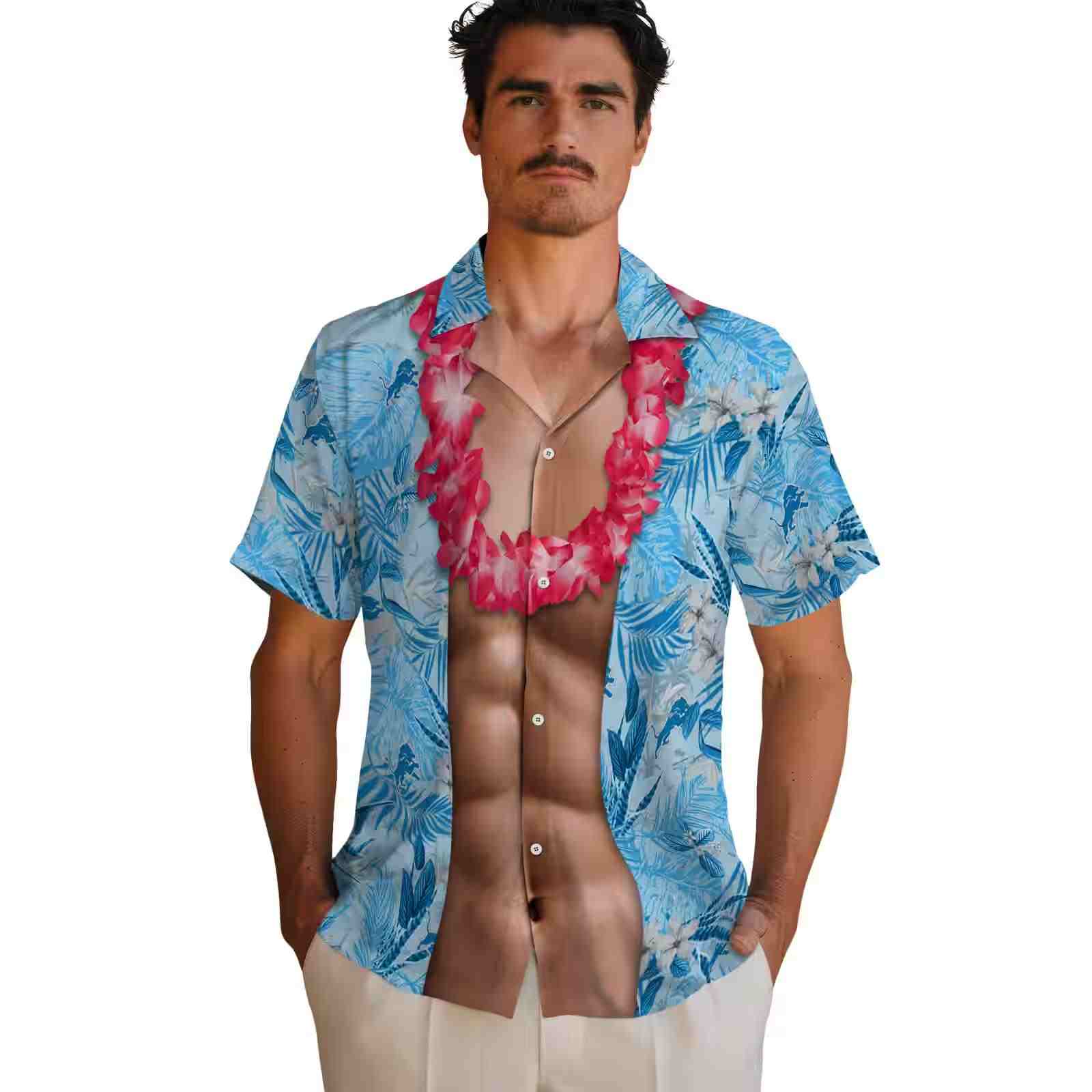 detroit lions chest illusion blue hawaiian shirt fashion forward