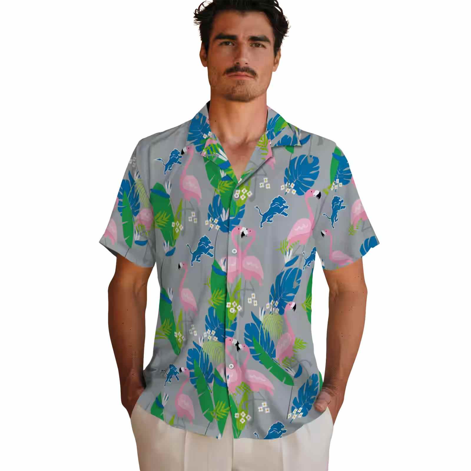 detroit lions flamingo foliage blue green hawaiian shirt fashion forward