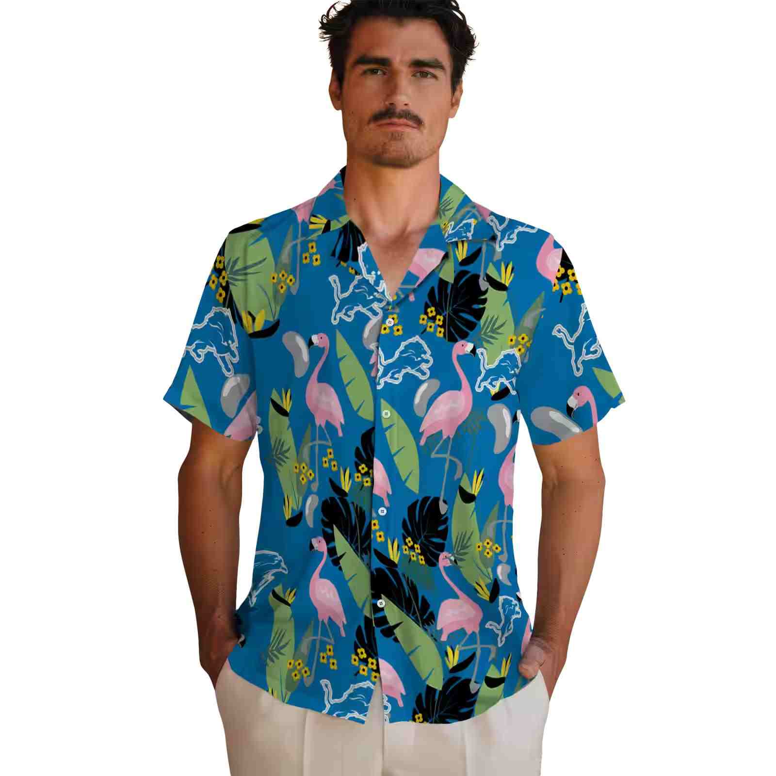 detroit lions flamingo leaves blue hawaiian shirt fashion forward