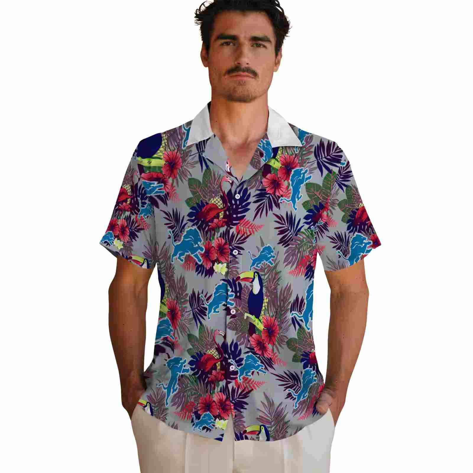 detroit lions floral toucan blue red hawaiian shirt fashion forward